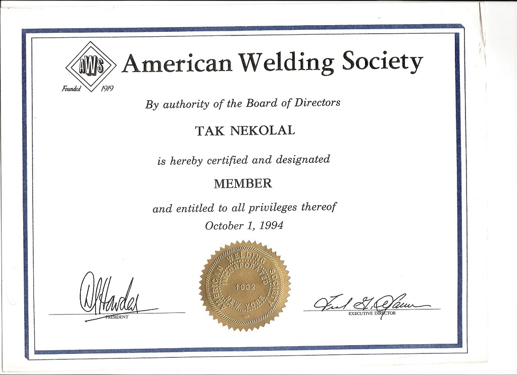 Member of the American Welding Society (AWS)